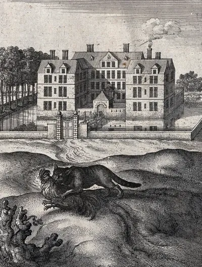 A cat is carrying a cock in its mouth in front of a moated country house