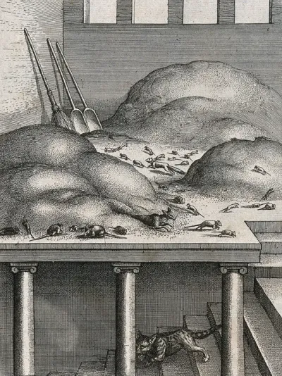 A cat with a mouse in its mouth is descending the stairs in a corn chamber while rats, mice and weasels are running around three piles of corn; illustration of a fable by Aesop