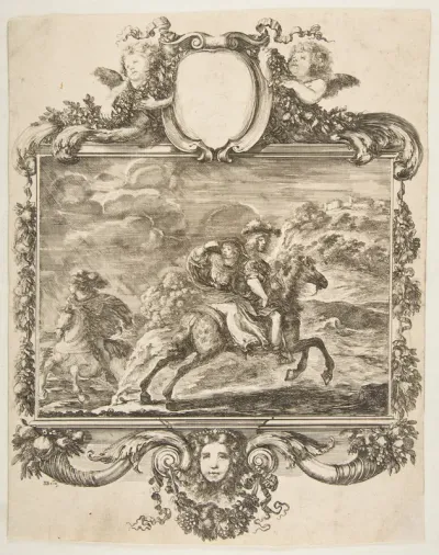 A cavalier and a lady on horseback, within an ornate border decorated with fruit and cornucopias