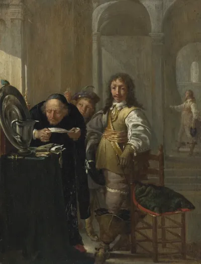 A cavalier selling his goods, with an old man reading a document and a young boy holding a coin