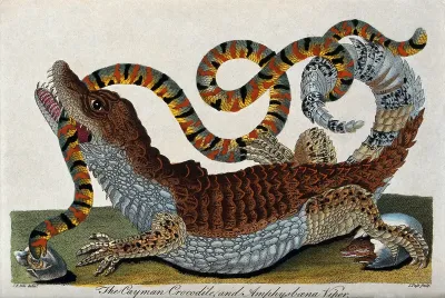 A cayman is fighting with a viper next to the freshly hatched cayman egg