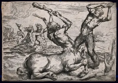 A centaur fighting a triton on a sea shore, while in the background another centaur is embraced by a nereid