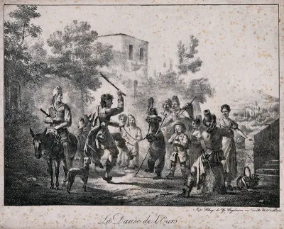 A chained bear being made to dance by a man holding a stick, accompanied by a piper and watched by a crowd