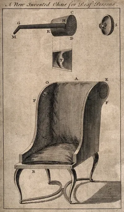 A chair designed for use by the deaf, incorporating a hearing device
