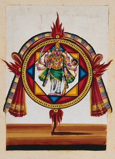 A chakra with an image of Lord Vishnu in the center