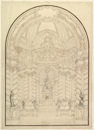 A Chapel with Figures of Statues en Grisaille of Faith, Hope and Charity and four Putti with Symbols of the Passion
