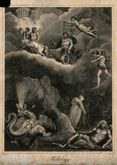 A chariot bearing Aesculapius rides above suffering humanity: representing pathology