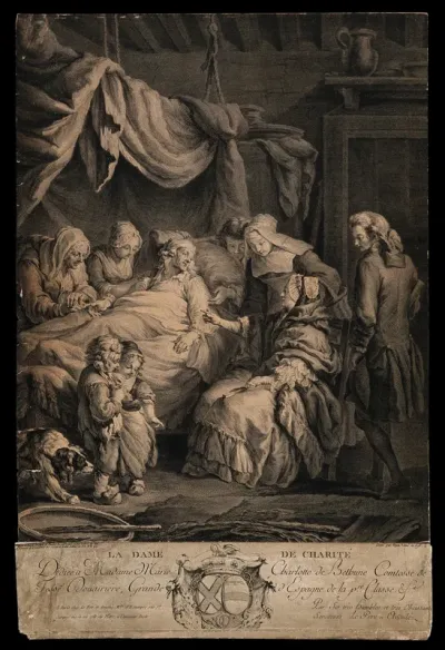 A charitable lady visiting a sick man and his family: with a crest