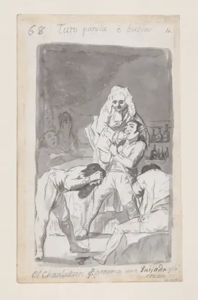 A charlatan extracting a tooth from a patient's mouth, figure in the foreground vomiting; folio 68 (verso) from the Madrid Album "B"
