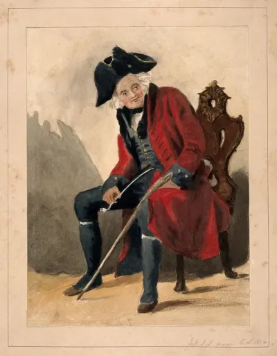 A Chelsea Pensioner, seated, wearing a red coat and tricorn hat, holding a pipe and a stick