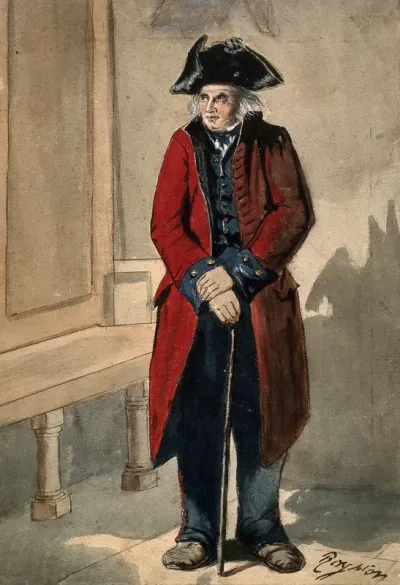 A Chelsea Pensioner standing in the hall at the Royal Hospital, leaning on his stick