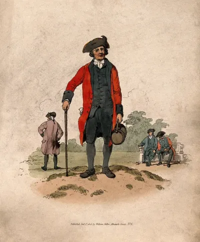 A Chelsea Pensioner, standing, wearing scarlet coat, and tricorn hat with a sprig of oak on it, leaning on a stick and carrying a cylindrical leather satchel, others in the background