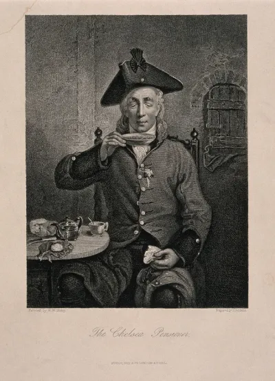 A Chelsea Pensioner, wearing a sprig of orange blossom [?] in his buttonhole, sipping a dish of tea