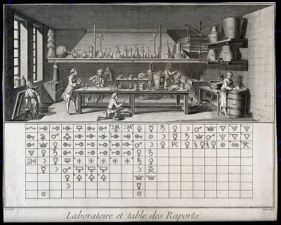 A chemical laboratory and a table of chemical relations