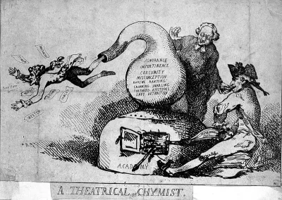 A chemist and his assistant as "puffers" heating a substance in a retort; representing a theatre critic who "puffs" the actor Joseph Holman at the bidding of his editor