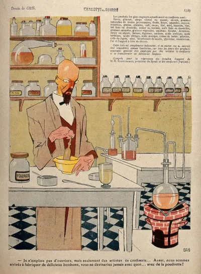 A chemist making confectionery in a laboratory; various bottles of acid in the background