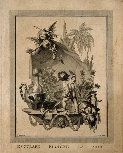 A cherubic Aesculapius fends off death with medicine