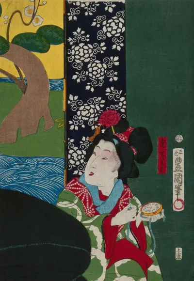 A child attendant for a courtesan in a brothel holds a western watch and looks towards the client