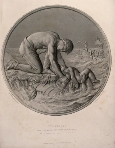 A child being rescued from a shipwreck, two women are in the sea about to be rescued by a boat