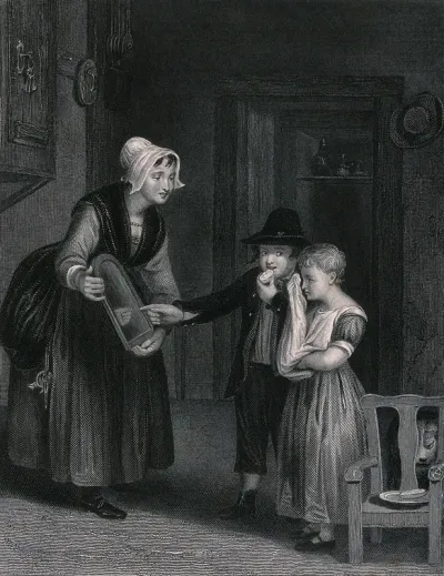 A child has been told her face is dirty, so she wipes it clean while her mother holds the mirror and her brother points to her reflection