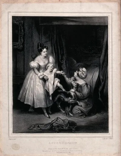 A child is being encouraged to be friendly with a dog, but is a little nervous