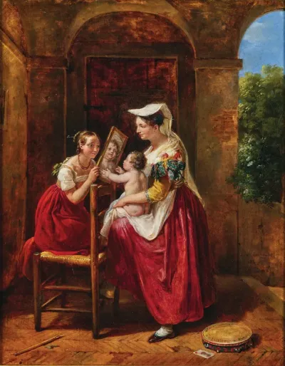 A child looking at herself in a mirror