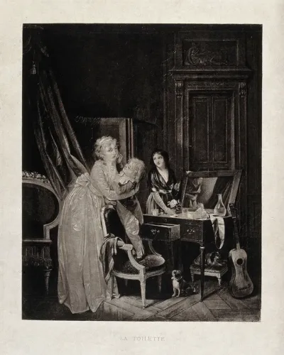A child standing on a chair and powdering a woman's face; a maidservant stands to the right