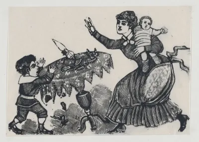 A child tipping over a table, his mother rushing to stop him