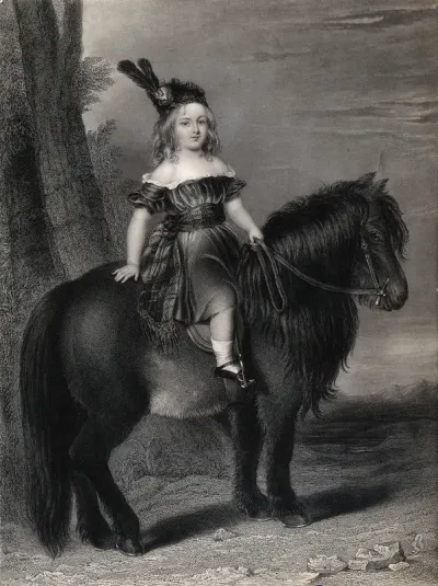 A child wearing Scottish dress and a feathered hat is mounted on a Shetland pony