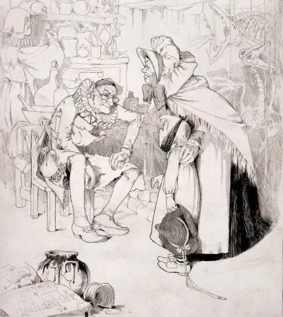 A child with a swollen mouth being led by a woman to visit an apothecary, who is seated in his laboratory