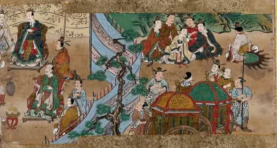 A Chinese caravan arrives at an encampment of nobles and sages