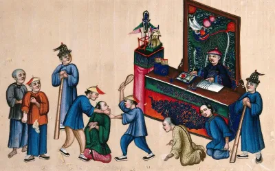 A Chinese courtroom (?): a woman is shown being beaten, as she kneels before a formally-dressed official, who is writing at a desk