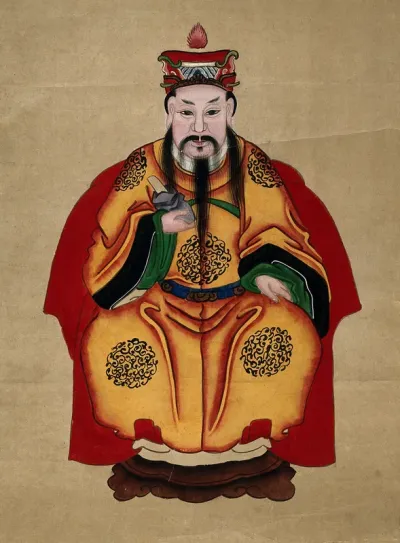 A Chinese deity, seated on a red throne