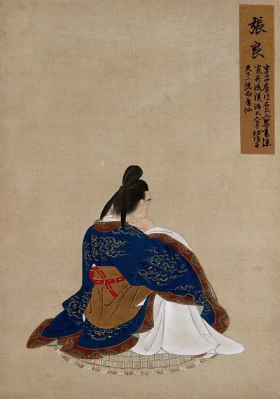 A Chinese figure, seated and shown from behind, wearing blue coloured silk robes with white undergarments