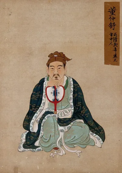 A Chinese figure, wearing indigo coloured silk robes with white undergarments,pictured with a fan