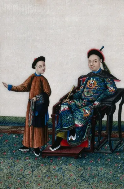 A Chinese high-ranking official dressed in rich silks, seated with attendant