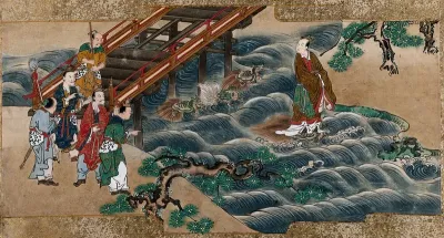 A Chinese holy man is carried by a turtle across the river, while passers-by look on, astonished