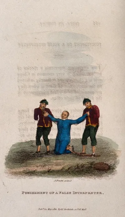 A Chinese interpreter kneeling with a stick behind his knees is being tortured by two men standing on the stick