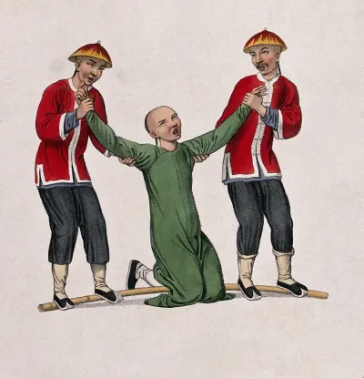 A Chinese interpreter kneeling with a stick behind his knees is being tortured by two men standing on the stick