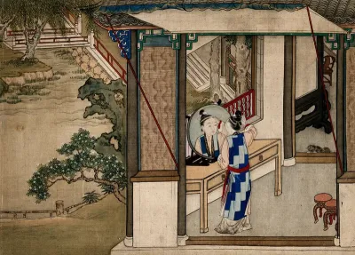 A Chinese lady asleep indoors; outside, a maid stands by a willow tree