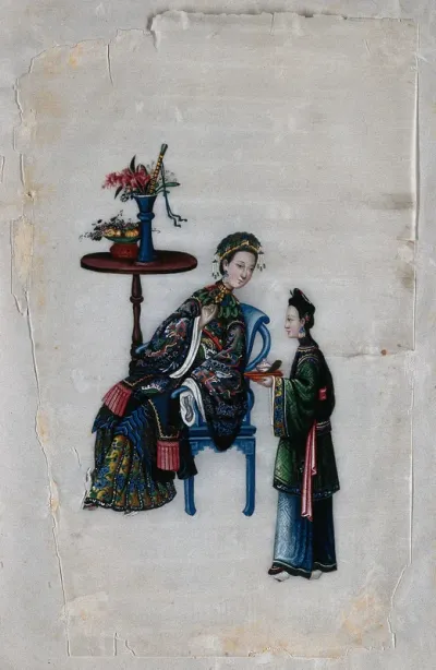 A Chinese lady, attended by servant with tray