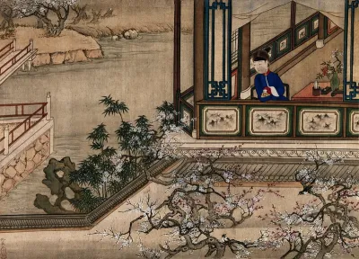 A Chinese lady in a blue dress, seated, right, looks out of a window at a water-garden, left; trees in blossom in the foreground