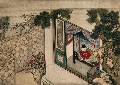 A Chinese lady in a red dress resting on a couch before an open window; left, a walled garden