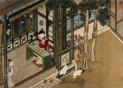 A Chinese lady in a red dress, seated indoors, takes a meal from six small bowls; right, two herons look on, hungry for food