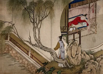 A Chinese lady looking at herself in a mirror (right); outside, a water-garden (left)