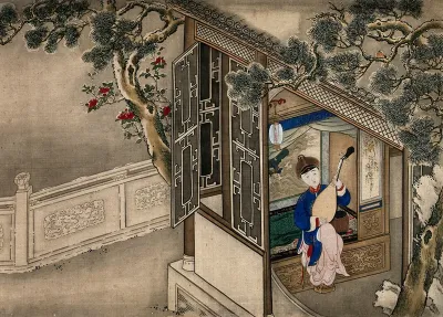 A Chinese lady , seated indoors, playing a string instrument at an open window; left, a carved stone wall