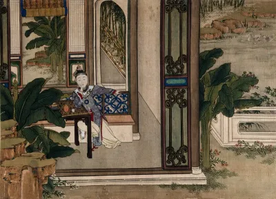 A Chinese lady seated leaning on a tea table; right, a water-garden with ducks