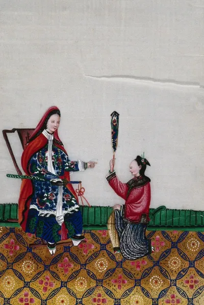 A Chinese lady seated, with sword receives a woman who kneels in front of her with decorated pageant