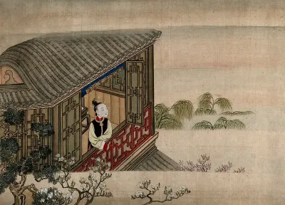 A Chinese lady standing and looking from an open window towards trees in a misty landscape; forgeound, fruit-trees in blossom