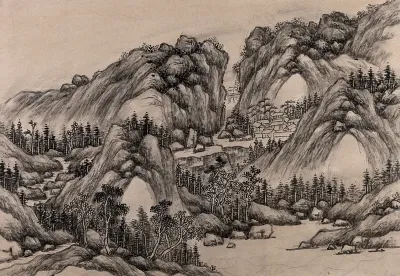 A Chinese landscape of hills and forests